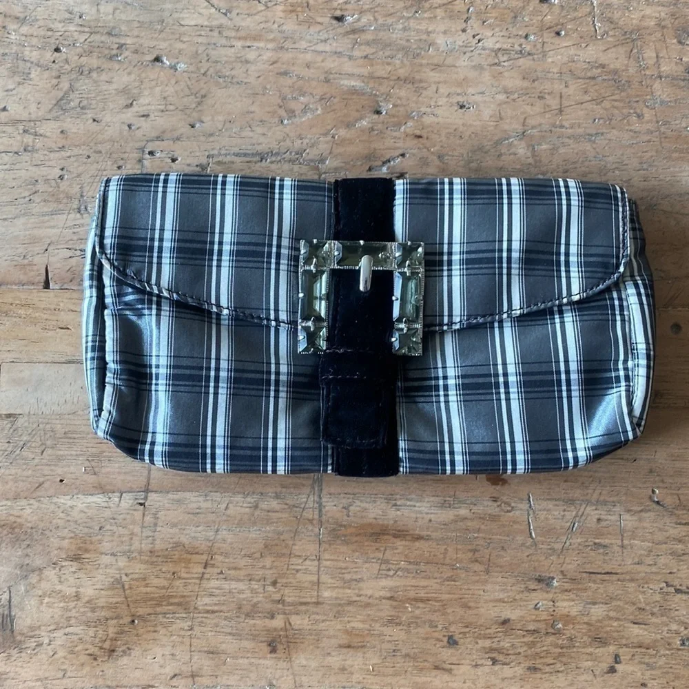 J.Crew Silk Purse – Black & White Plaid with Rhinestone Accent – Like New